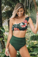 Dark Green Floral One Shoulder Ruffle High Waisted Bikini