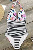 Bold Floral And Stripe Halter One Piece Swimsuit