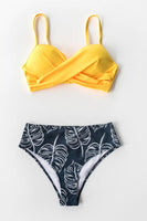 Yellow Twist-Front And Palm Print High Waisted Bikini