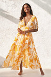 Robe Midi À Fleurs Jaune Selena À Col En V