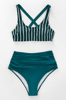 Teal And White Striped High Waisted Bikini