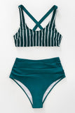 Teal And White Striped High Waisted Bikini