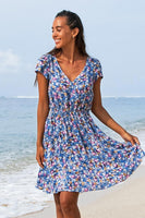 Robe courte dos nu bleue imprimé floral