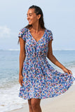 Robe courte dos nu bleue imprimé floral