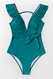 Teal Plunging Ruffle One Piece Swimsuit