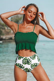 Smocked Green And Monstera High Waisted Bikini