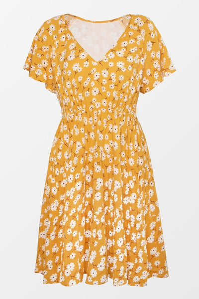 Robe à col en V imprimé floral jaune