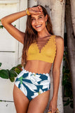 Yellow And Floral V-Neck Scalloped Bikini