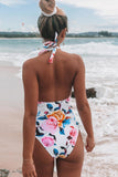 Bold Floral And Stripe Halter One Piece Swimsuit