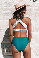 Bikini taille haute uni et rayé bleu sarcelle