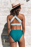 Bikini taille haute uni et rayé bleu sarcelle