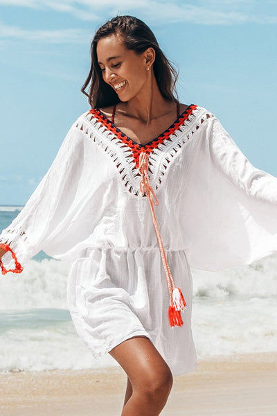 White Tunic Red Trim Cover Up