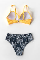 Yellow Twist-Front And Palm Print High Waisted Bikini