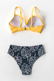 Yellow Twist-Front And Palm Print High Waisted Bikini