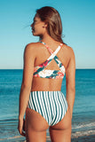 Floral And Stripe Knotted High Waisted Bikini