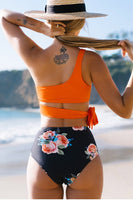 Orange And Floral One Shoulder Tied Bikini