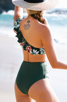 Dark Green Floral One Shoulder Ruffle High Waisted Bikini