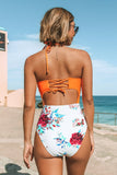 Orange Floral Lace-Up Halter One Piece Swimsuit