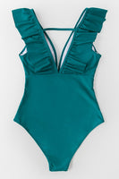 Teal Plunging Ruffle One Piece Swimsuit