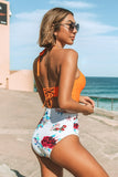 Orange Floral Lace-Up Halter One Piece Swimsuit