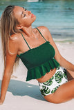 Smocked Green And Monstera High Waisted Bikini