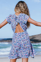 Robe courte dos nu bleue imprimé floral