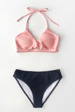 Textured Pink And Navy Halter Bikini