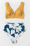 Yellow And Floral V-Neck Scalloped Bikini