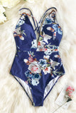 Blue Floral Strappy One Piece Swimsuit