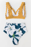 Yellow And Floral V-Neck Scalloped Bikini