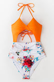 Orange Floral Lace-Up Halter One Piece Swimsuit