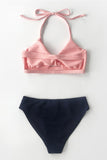 Textured Pink And Navy Halter Bikini