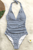 Blue And White Stripe Halter One Piece Swimsuit