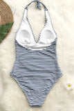 Blue And White Stripe Halter One Piece Swimsuit